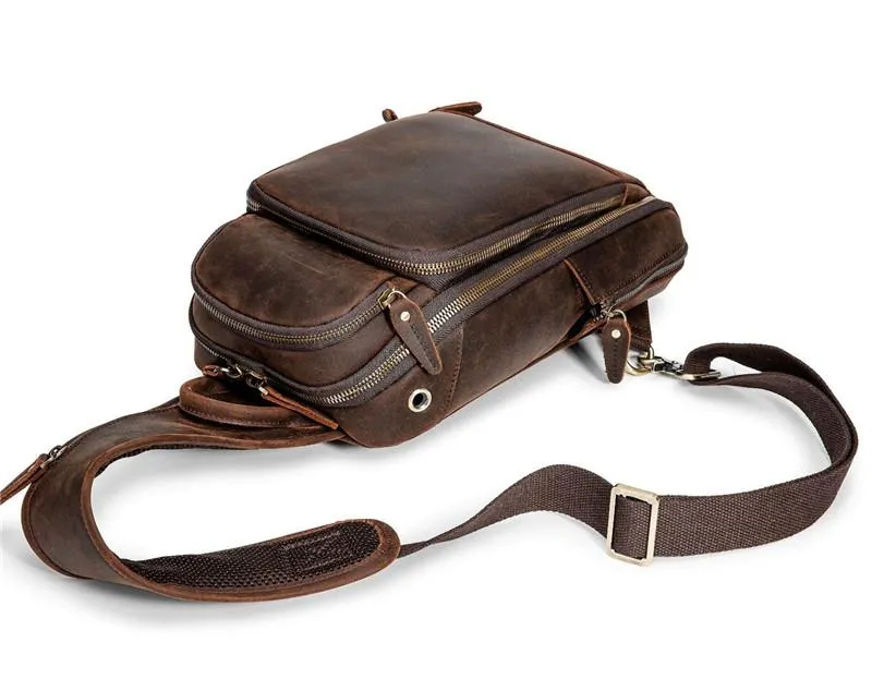 Badass Dark Brown Leather Men's Sling Bag Chest Bag Vintage One shoulder Backpack For Men