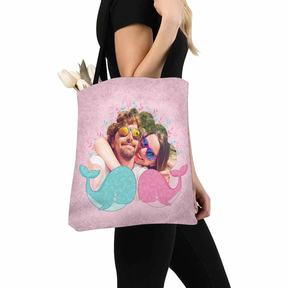 Custom Couple Photo Love Whale Canvas Tote Bag