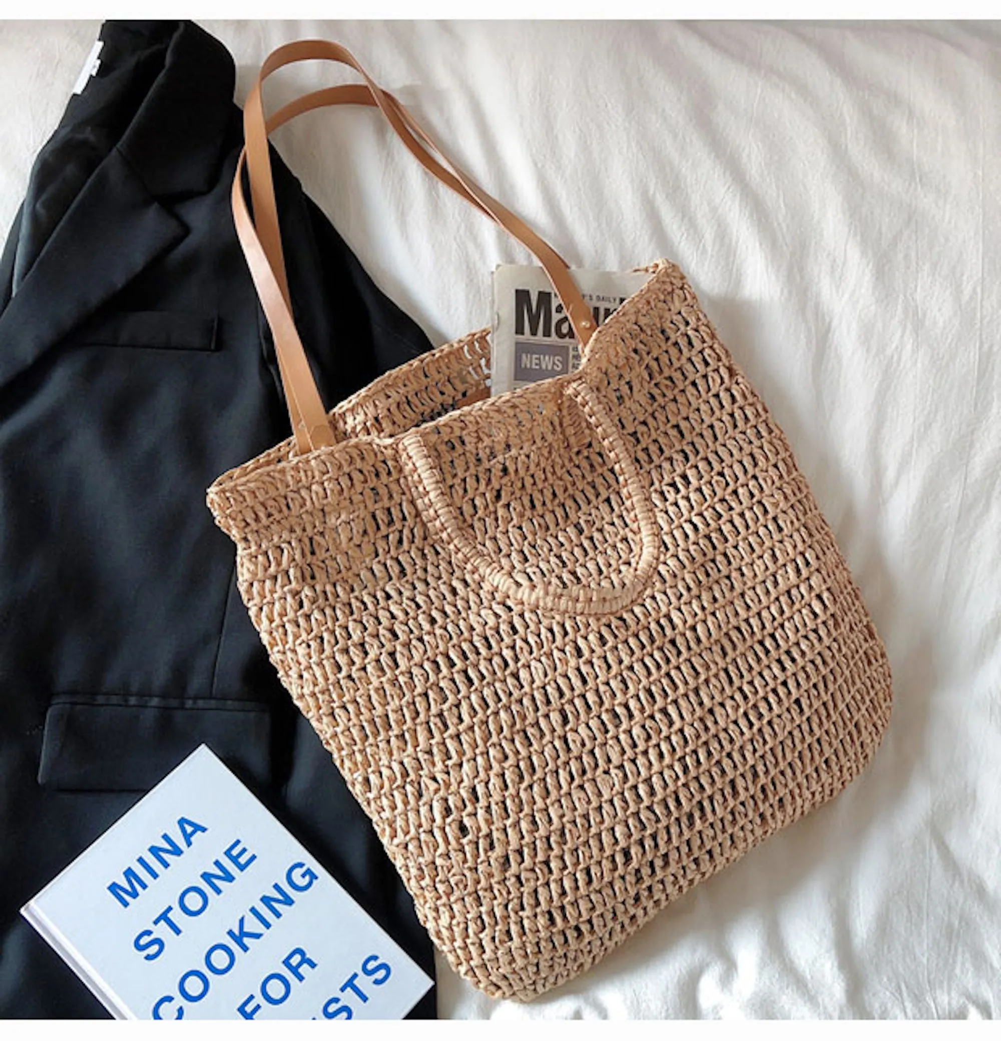 Elena Handbags Minimalistic Straw Woven Tote Bag