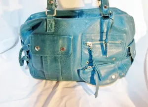 ELISA ATHENIENSE Leather Handbag Satchel Tote Shoulder Bag TEAL BLUE Pockets