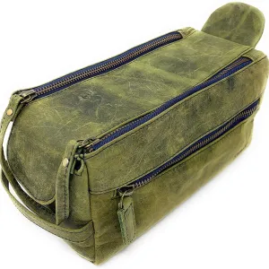 Genuine Buffalo Leather Unisex Toiletry Bag Travel Dopp Kit (Distressed Green)