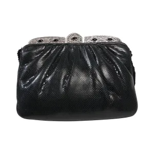 JUDITH LEIBER Black Lizard Evening Purse with Metal Frame