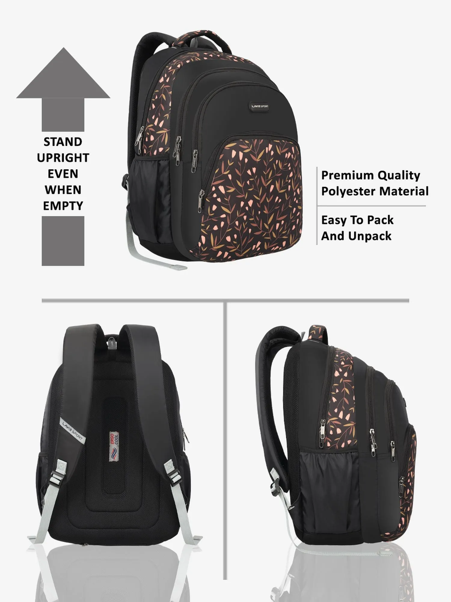 Lavie Sport Autumn 39L Printed School Backpack with Rain cover for Girls Black