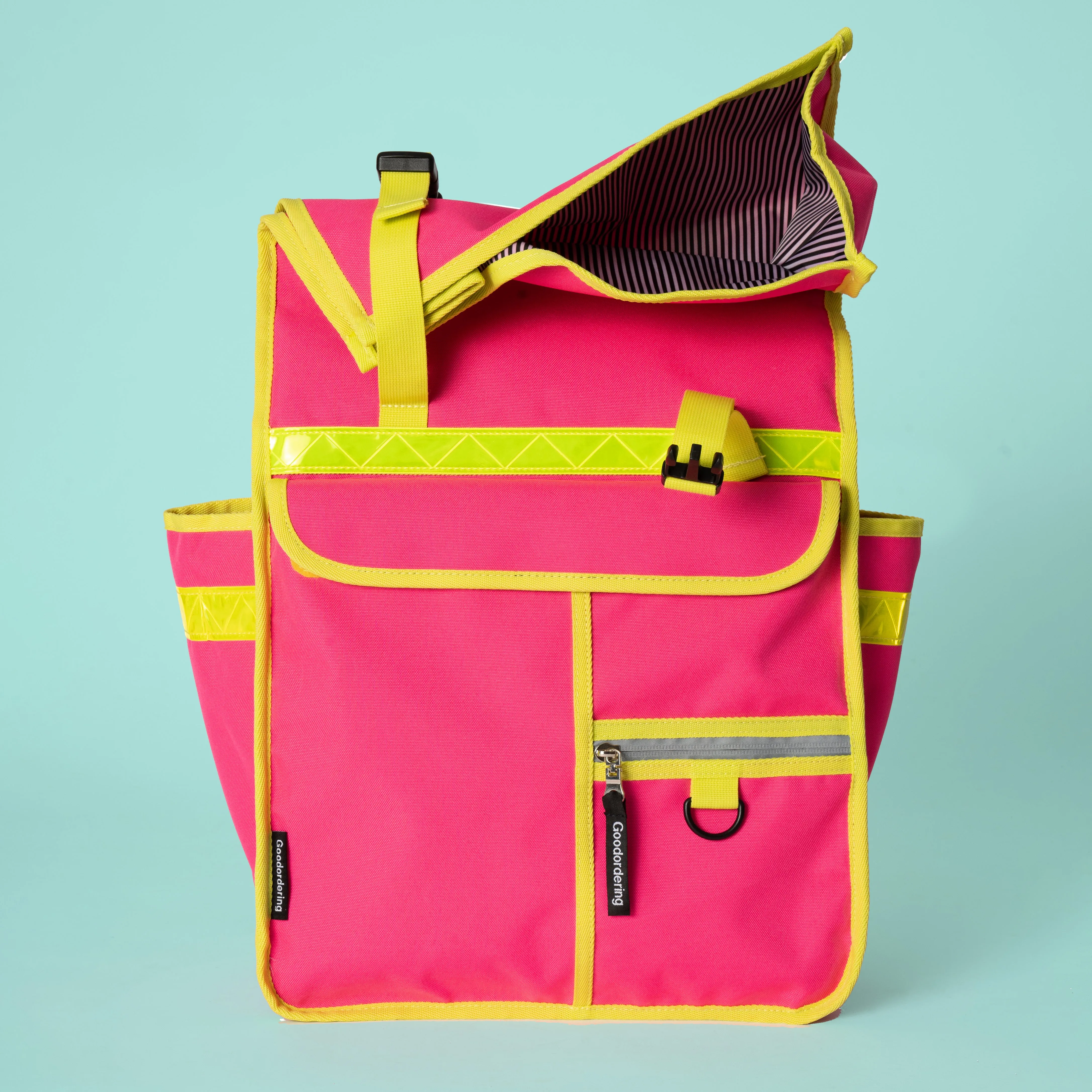 Neon pink rolltop backpack pannier bike bag Rixen kaul hardware hooks